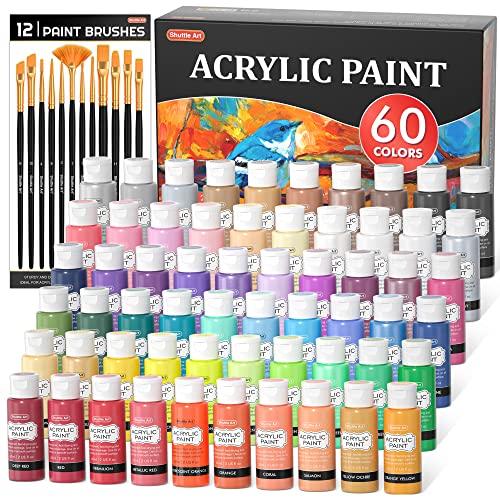 72 Pack Acrylic Paint Set, Shuttle Art 60 Colors Acrylic Paint Including Extra White Black & 12 Brushes, 2oz/60ml, Rich Pigmented, Water Proof, Ideal for Artists, Beginners on Canvas Rock Wood Ceramic