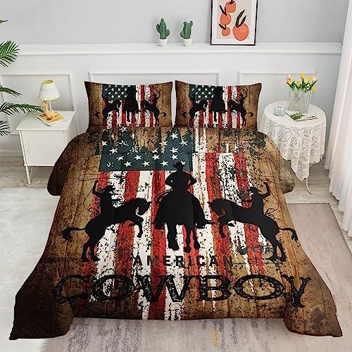 Datura home Western Cowboy Comforter Bedding Set for Kids Teens Adults,Western Cowboy Farm Life American Flag Printed Comforter with 2 Pillowcases(Cowboy Twin)