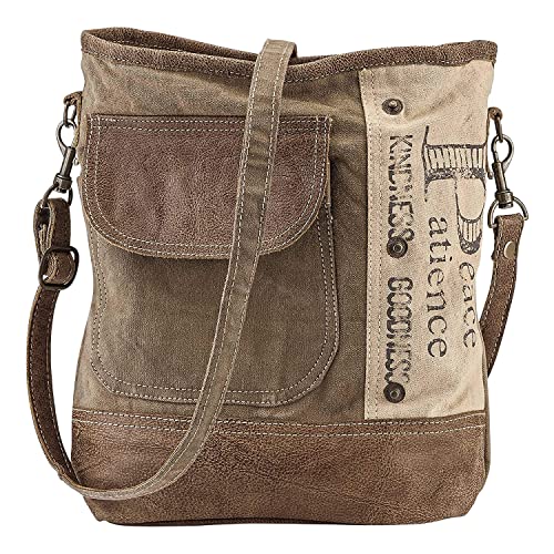 PGI Traders Upcycled Canvas Shoulder Bag | Earth Friendly Tote | Inspirational Words | No Two Alike | Adjustable Strap | Fully Lined | Zip Closure Brown One Size
