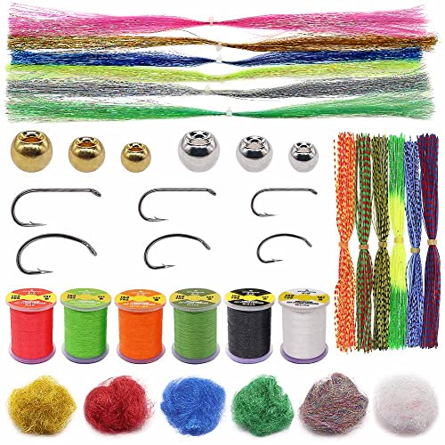 XFISHMAN Beginners-Fly-Tying-Materials Kit for Fly Tieing Starter Fly Tying Hooks Thread Brass Beads Heads Flashabou Dubbing Rubber Legs Flies Making Supplies