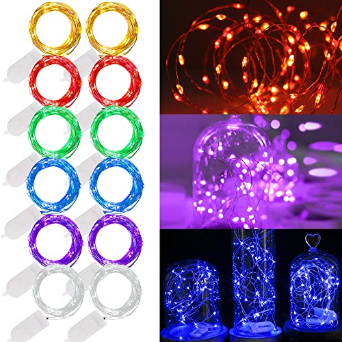 WATERGLIDE 12 Pack Fairy Lights Battery Operated (Included), 6.5ft 20 LED Mini String Lights, Waterproof Silver Wire Firefly Starry Lights for DIY Wedding Christmas Party Mason Jars Decor, Multicolor