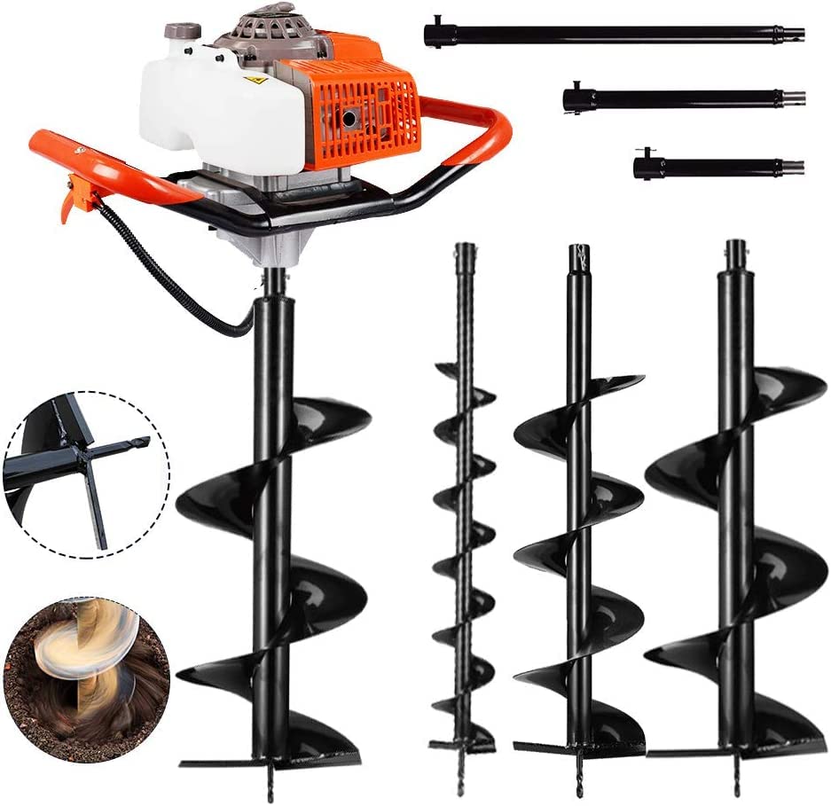DC House 63CC Heavy Duty Gas Powered Post Hole Digger with 4pcs Earth Auger Drill Bits 4'6'8''12''Bits & Extensions Rods | Multiple Packages