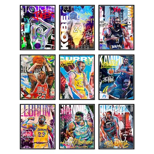BigWig Prints Basketball Poster, Basketball Posters for Boys Bedroom, Basketball Wall Art, Michael Jordan Kobe Byrant Lebron James Steph Curry James Harden Kevin Durant - Unframed Set of 9 (8x10)