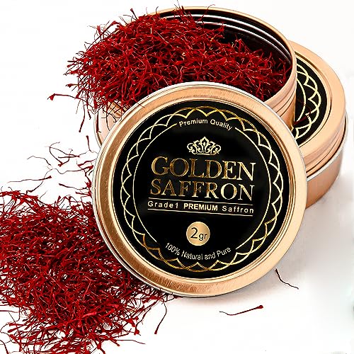 Golden Saffron, Finest Pure Premium All Red Saffron Threads, Grade A+ Super Negin Non-GMO Verified. For Tea, Paella, Rice, Desserts, Golden Milk and Risotto (2 Grams)