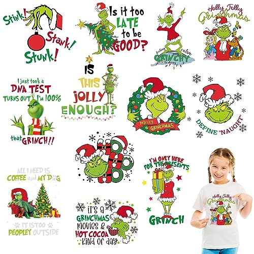 12Sheets Grinchs Christmas Heat Transfers Vinyl,Grinchs Iron On Transfers for T-Shirts,Christmas HTV Vinyl Iron on Decals for Clothes Pillow Hoodie DIY Crafts