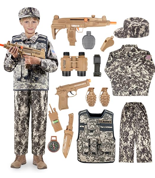UNIH Army Costume for Kids, Boys Military Soldier Costume with Tactical Vest And Toy Accessories Gear, Halloween Costumes for Boys Kids 3-10 (M)