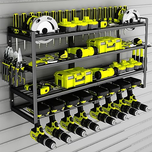 KAFAHOM Power Tool Organizer-8 Drill Holder Wall Mount,4 Layer Heavy Duty Metal Power Tool Storage Rack,Garage Tool Organizer and Storage with Screwdriver Holder/Plier Holder/Hammer Holder