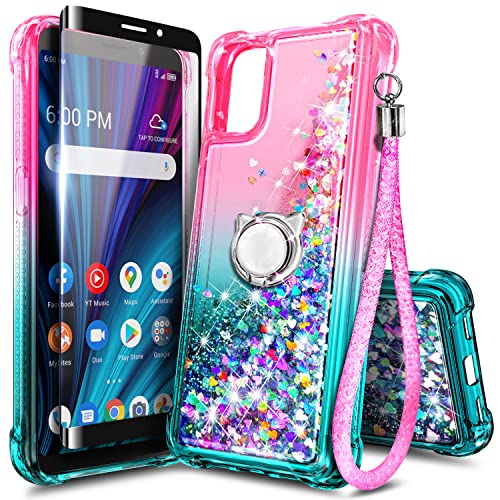 NZND Case for Alcatel TCL A3X (A600DL) with Tempered Glass Screen Protector (Maximum Coverage), Ring Holder/Wrist Strap, Women Girls Kids Sparkle Glitter Liquid Cute Case (Pink/Aqua)