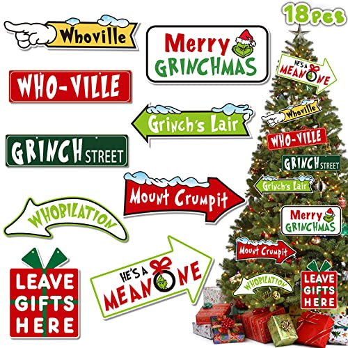 18PCS Grinchs Ornaments for Christmas Tree,Grinchs Tree Decor, Whoville Christmas Decorations Paper Hanging Ornaments for Winter Xmas Party Favor Supplies