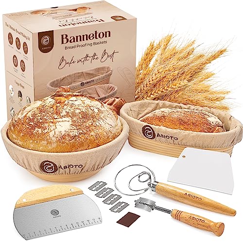 Sourdough Bread Baking Supplies and Proofing Baskets, A Complete Bread Making Kit Including 10' Round & 11' Oval Rattan Bannetons, Bread Lame, Bowl & Dough Scrapers, Danish Whisk and Linen Liners
