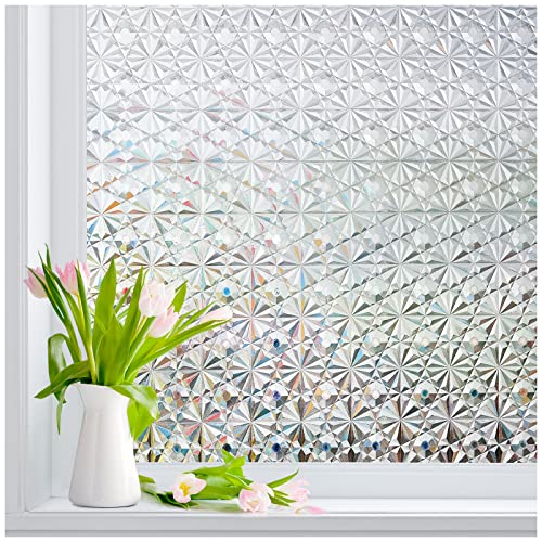 Windimiley Window Privacy Film Frosted Glass Window Clings: Stained Glass Rainbow Bathroom Film Diamond 3D Static Cling Prism Window Sticker Frosting Decorative Door Covering(Pure,23.6x78.7in)