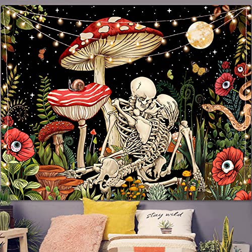 Accnicc Mushroom Skull Tapestry Skeleton Floral Plant Flower Aesthetic Bedroom Tapestries Nature Moon Wall Tapestry for Dorm Living Room (48'' × 36'')