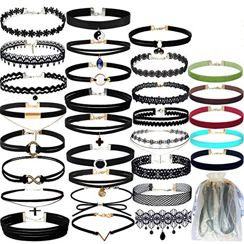 30 PCS Black Choker Necklaces Set for Teen Girls and Women Velvet Choker Necklaces Set Lace Henna Tattoo Choker Ribbon Charm Stretch Necklace Chirstmas Thanks Giving Day New Years Eve Gift