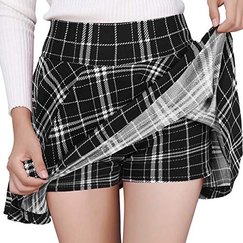 DJT FASHION Women's Casual Mini Flared Pleated Skater Skirt with Shorts Large Black Plaid