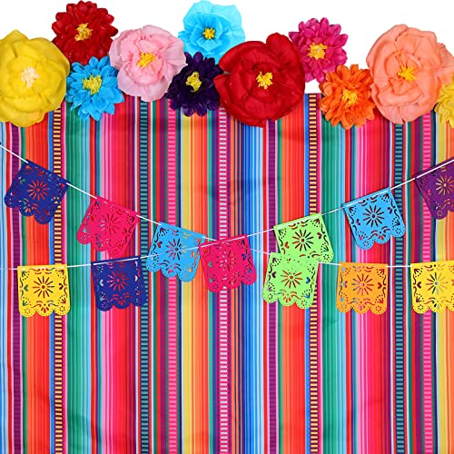 TaoBary 15 Pcs Mexican Party Decorations Set Tissue Paper Flowers 71 x 43 in Mexican Fiesta Color Stripes Backdrop Papel Picado Banner Mexican Fiesta Flower for Cinco De Mayo Party(Fresh Stripe)