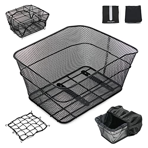 Rear Bike Basket, Bike Basket Rear with 2 Rainproof Covers and Cargo Net, Metal Bike Basket Rear with Reflective Waterproof Cover and Bicycle Rear Basket Lining,WOOFOPT Bike Rack Basket (Black)