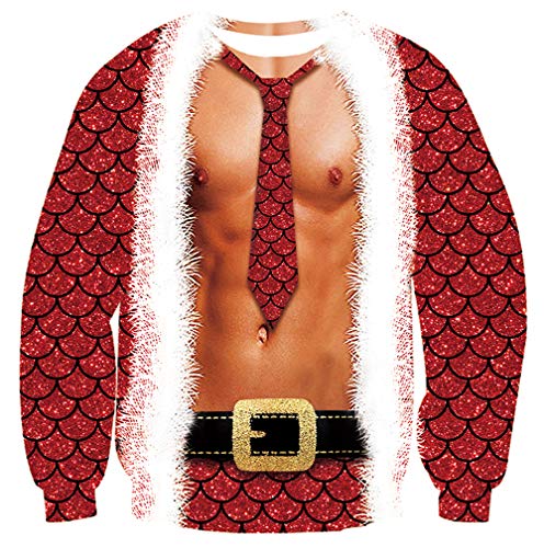 RAISEVERN Ugly Christmas Sweater for Men Women Funny Xmas Man Muscle Sweatshirt Holiday Festive Long Sleeve Winter Fake 2 Pieces Tie Belt Pullover Top