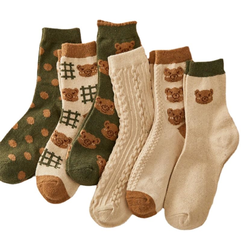 6 Pair Cute Cotton Socks Kawaii Bear Ankle Socks Preppy Ruffle Socks for Women Japanese Thick Fall Vintage Crew Socks (6 Pair,Onesize)