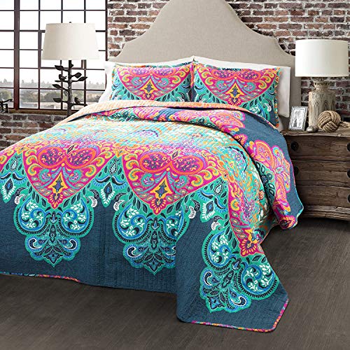 Lush Decor Boho Chic Reversible 3 Piece Quilt Bedding Set - Turquoise/Navy - King