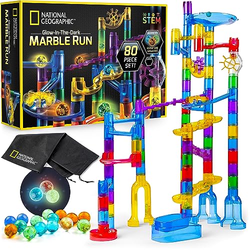 NATIONAL GEOGRAPHIC Glowing Marble Run – Construction Set with 15 Glow in the Dark Glass Marbles & Storage Bag, STEM Gifts for Boys and Girls, Building Project Toy (Amazon Exclusive)