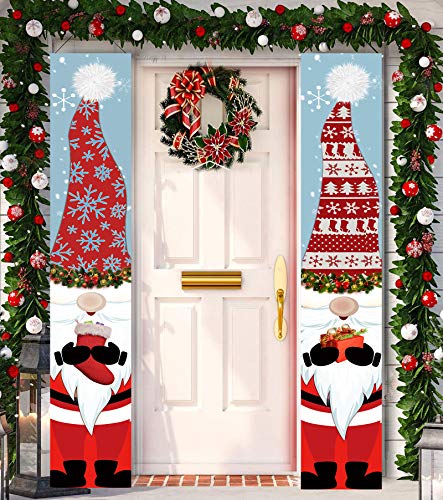 Merry Christmas Hanging Banner Porch Sign with Pattern Santa Claus Christmas Tree Snow Cap Gift Banner for Home Yard Indoor Outdoor Wall Door Christmas Party Decorations 72'x12'