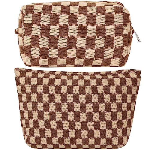 Checkered Makeup Bag Cosmetic Bag for Women,2 Pieces Large Capacity Canvas Makeup Bags Travel Toiletry Bag Organizer Cute Makeup Brushes Aesthetic Accessories Storage Bag for Women Girls,Brown