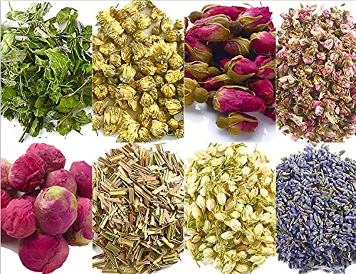 Dried Flowers and Herbs Accessories Decorations 8 Bags Set Dry Flowers Essential Supplies Rose Buds Lavender Chamomile Jasmine Scents for Flower Arrangements Crafts Bath Soap Lip Gloss Making