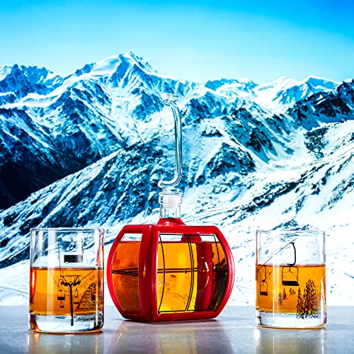 Ski Mountain Gondola Decanter & Glasses For Wine & Whiskey - 34oz - Two 10oz Snow Mountains Chairlift Glassware - Ski Home Decor - Skiier & Snowboarder Gifts, Vintage, Winter Skiers Decorations Gift