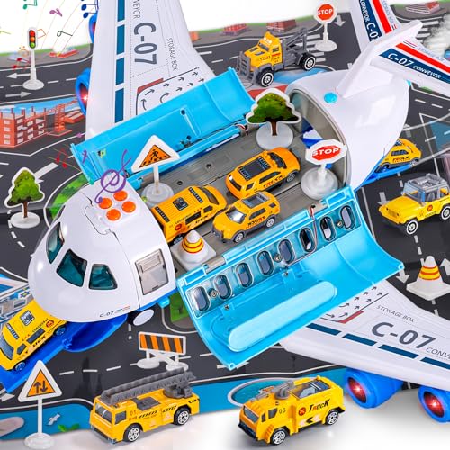 Bennol Spray Airplane Toys for Boys, Large Transport Cargo Airplane with 6 Construction Vehicle 10 Road Signs 1 Play Mat with Lights Sounds, Christmas Birthday Gifts for 3 4 5 6 7 8 Year Olds Boys