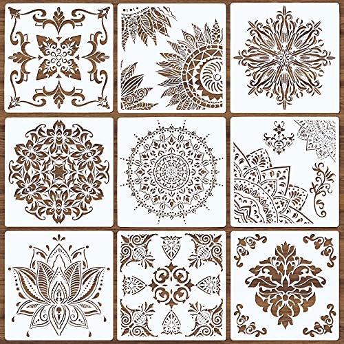 9 Pack Large Reusable Stencil Mandala Stencil Laser Cut Painting Template for Wood Wall Floor Tile Fabric Crafts Furniture Stencils Painting(12x12 Inch)