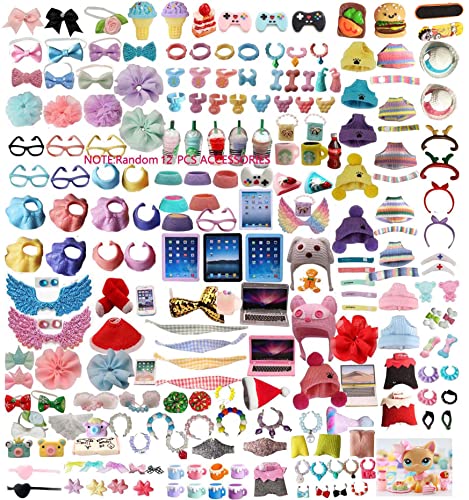 LPS Accessories Pack Lot (Random 12 PCS) Laptop Hat Glasses Wings Clothes Bow Skirt Collar Food and Drink Fit LPS Shorthair Cat and Collie Dachshund Cocker Spaniel Husky Puppy Dog LPS Deer Figure