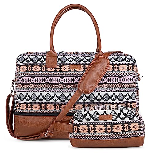 MyMealivos Canvas Weekender Bag, Overnight Travel Carry On Duffel Tote with Shoe Pouch (multi)