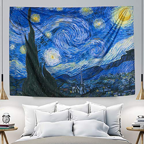 IcosaMro Starry Night Tapestry Wall Hanging, Van Gogh Art Wall Tapestries [60x82.7''][Double-Folded Hems]- Star Blanket Tablecloth for Bedroom, Dorm, College, Living Room, Blue
