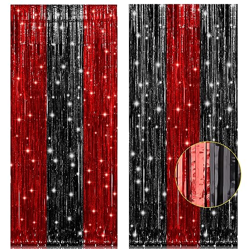 PIGETALE, 2 Pack 3.2x8.2 Feet Black and Red Foil Fringe Curtains Party Decorations, Tinsel Curtain Backdrop Streamers for Birthday Graduation Fiesta Stranger Theme Halloween Christmas Party Supplies