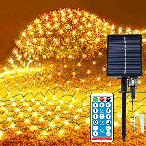 Malgero Gazebo Christmas Net Lights, Warm White Mesh Solar Powered, 8 Modes 9.8X6.6Ft 264LED Bush Tree Wrap Decor Fairy Twinkle Green Wire Outdoor String Lights for Party,Patio,Wedding,Garden