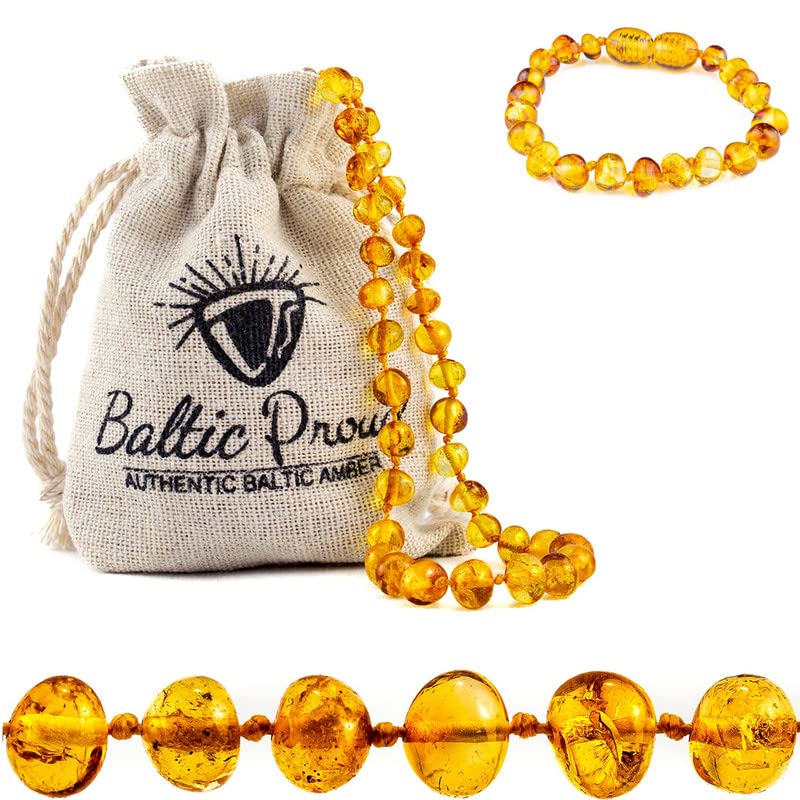 Baltic Proud Amber Necklace and Bracelet Gift Set (Unisex Honey 12.5 Inches/5.5 Inches) - Certified Premium Quality Raw Baltic Sea Amber