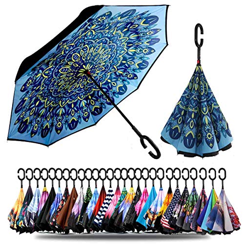 SIEPASA 40/49/56/62 Inch Inverted Reverse Upside Down Umbrella, Extra Large Double Canopy Vented Windproof Waterproof Stick Umbrellas with C-shape Handle.(Indian Feather, 49 Inch)