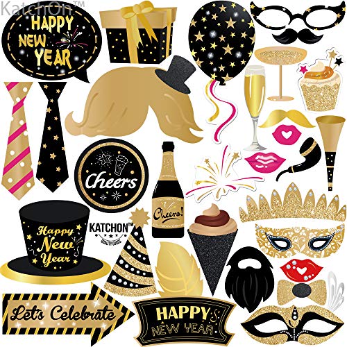KatchOn, New Years Photo Booth Props 2024 – Pack of 30 | Glitter New Years Eve Photo Booth Props 2024 | New Years Eve Party Supplies 2024 | NYE Photo Booth Props 2024 | New Years Decorations 2024