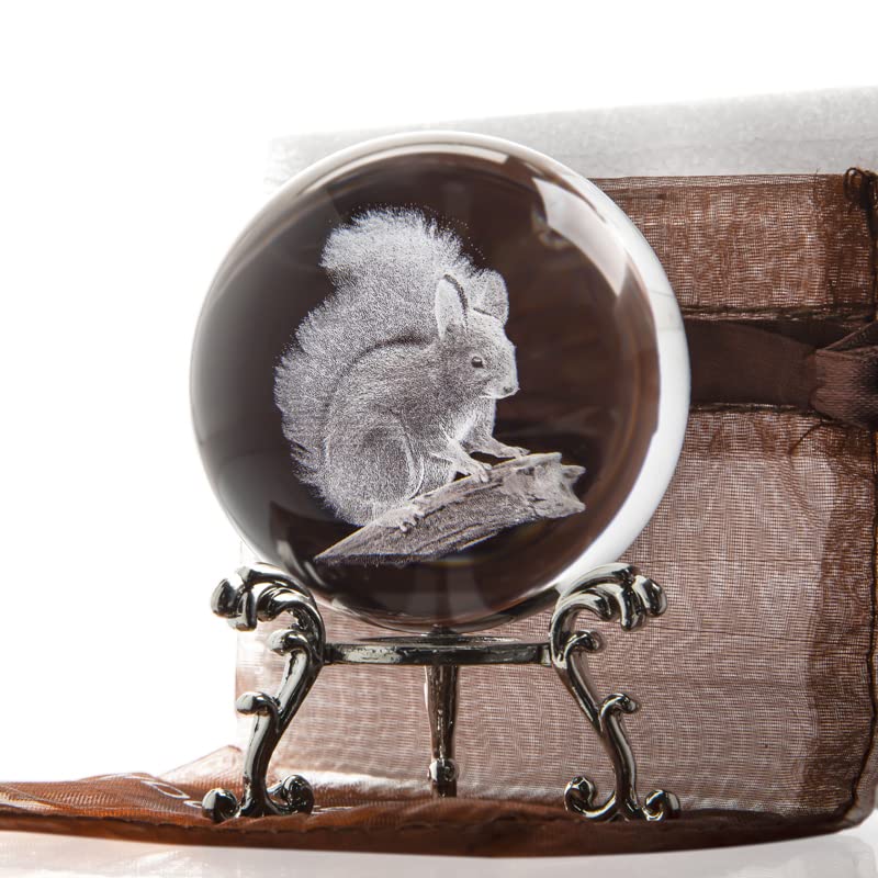 HDCRYSTALGIFTS 3D Crystal Ball 2.4inch Laser Engraved Crystal Squirrel Figurine Collectibles Paperweight Glass Sphere Ornament Decorative Balls