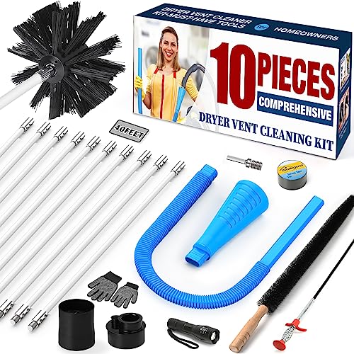 Sealegend 10-Pieces Dryer Vent Cleaner Kit Omnidirectional Dryer Cleaning Kit Include 40 Feet Dryer Vent Brush, Blue Dryer Lint Vacuum Attachment&Dryer Lint Trap Brush, Vacuum & Dryer Adapters