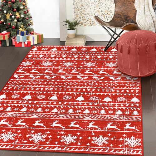 Lahome Christmas Rugs 3x5 Red Area Rug Machine Washable Entryway Indoor Rugs Christmas Tree Snowflake Doormat, Holiday Decor Non Slip Rubber Backing Indoor Throw Carpet for Living Bedroom Bathroom