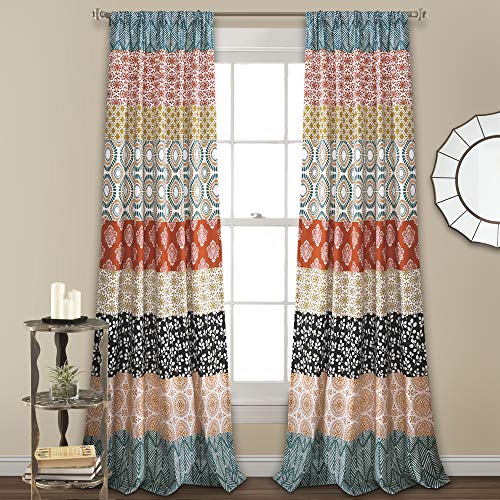 Lush Decor Bohemian Stripe Window Curtain Colorful Bold Design Panel Pair, 52'W x 84'L, Turquoise & Orange