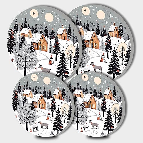 Tucocoo 4 Pieces Christmas Round Stove Burner Covers Set,8 Inches and 10 Inches, Snowy Countryside Stove Burner Covers,White Electric Stove Burner Covers,Happy Christmas Metal Stove Burner Cover Kits