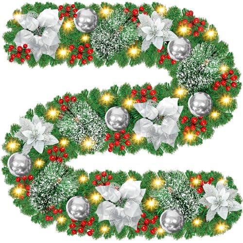 AUOKAI Christmas Garland,9FT Christmas Wreath for Christmas Decorations,Christmas Garlands with Lights,Wreath Garlands Decorations Xmas for Fireplaces Stairs,Holiday, Wedding Party Decoration,Sliver