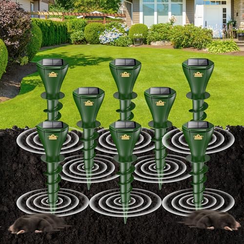 8PCS Mole Repellent for Lawns, Solar Powered | Patent Screw-Shape-Stake Design| 8000 Sq Ft of Protection, Varying Sonic and Vibration to Expel Mole Gopher Snake Vole, for Lawn Garden & Yard