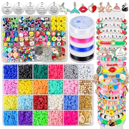 Wakestar Clay Beads Bracelet Making Kit,Flat Round 6mm Clay Beads for Jewelry Making with Pendant Charms Kit,Art Crafts Gift Sets for Girls Ages 3 4 5 6 7 8 9 10 11 12