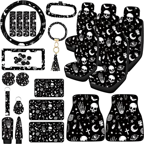 26 Pieces Skeleton Cat Moon and Stars Car Seat Cover Full Set for Women Men Rubber Steering Wheel Cover License Plate Frame Mirror Covers Moon and Stars Car Accessories for Car SUV Truck (Skeleton)