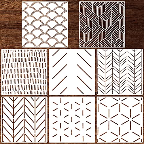 Outus 8 Pieces 12 x 12 Inch Wall Stencils for Painting on Wall Wood Floor Tile Reusable Furniture Stencils Drawing Template Geometric Modern Herringbone Pattern Stencil Home Decor(Simple Style)