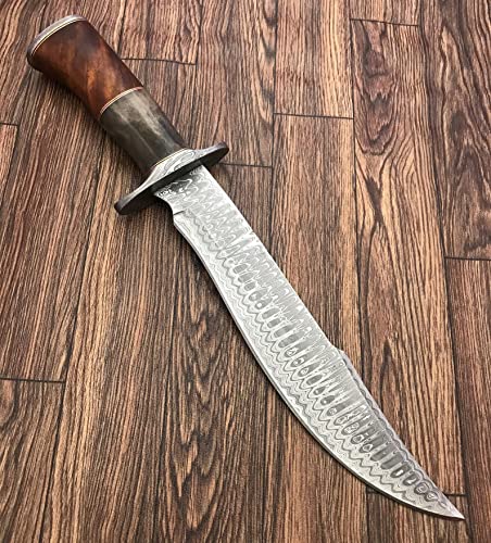 Handmade Damascus Steel 15.25 Inches Bowie Knife - Solid Marindi Wood/Bone Handle(Case/Knife may vary slightly) (REG-49)