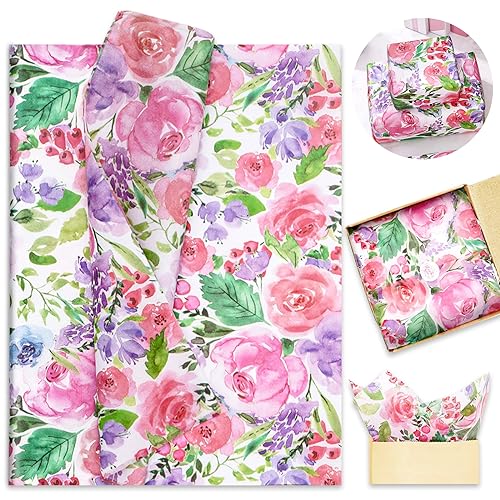 Whaline 100Pcs Floral Tissue Paper Watercolor Flower Gift Wrapping Paper Blossom Packaging Paper DIY Art Craft Paper for Home Wedding Baby Shower Birthday Party Gift Wrap, 14 x 20 Inch